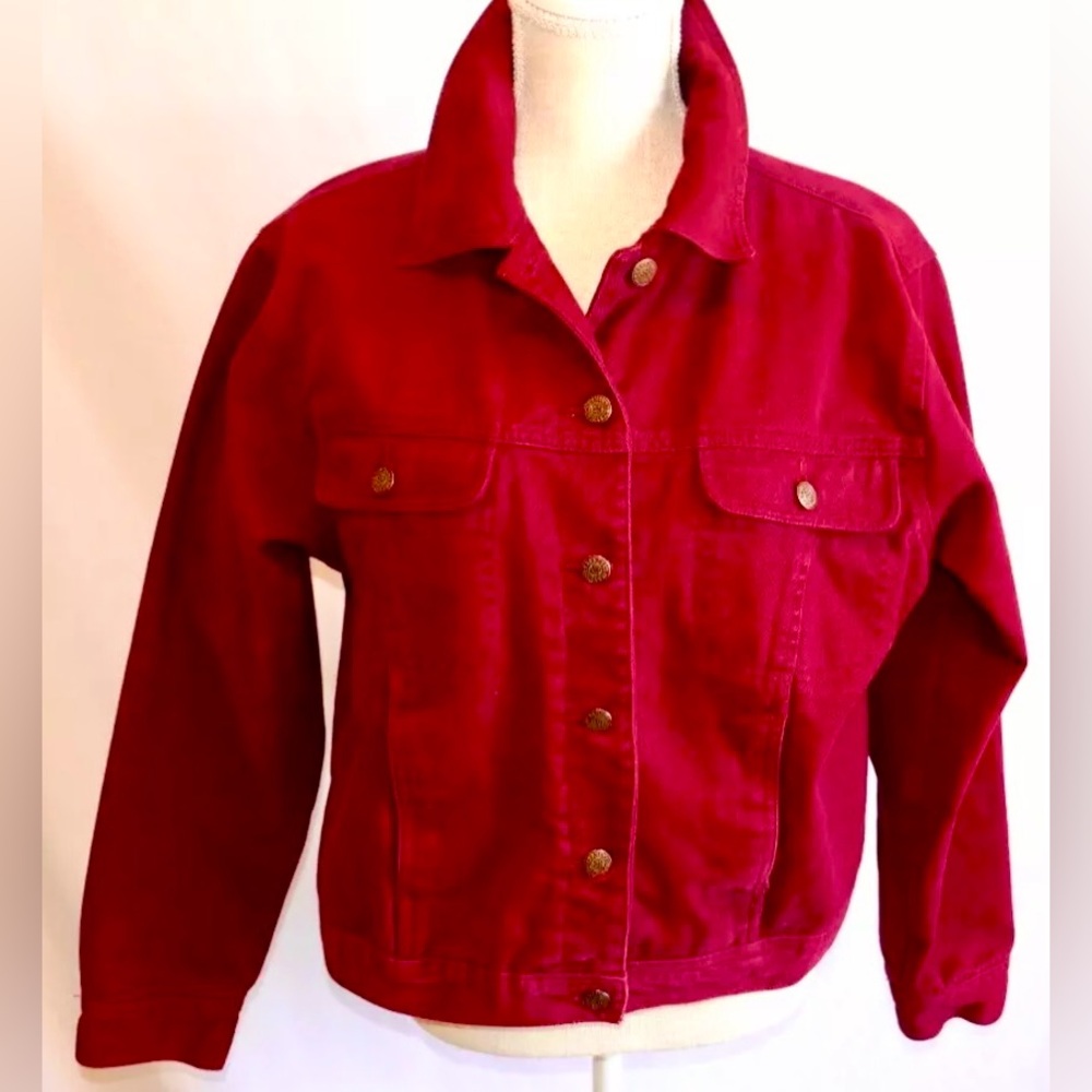 ♥️ Bill Blass Dark Red Burgundy Corduroy Trucker Jacket Brass Buttons Pockets. L